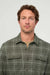 Duer Performance Flannel Overshirt in Thyme Plaid — Front Detail view