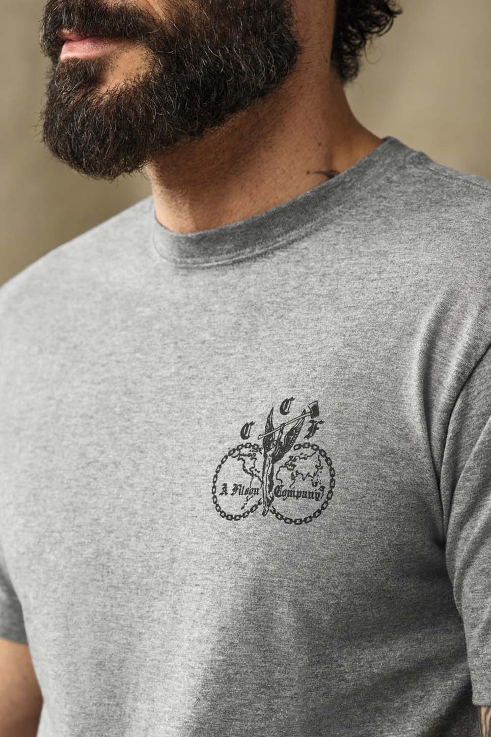 Filson Union Graphic T-Shirt in Dark Gray Heather — Detail chest view