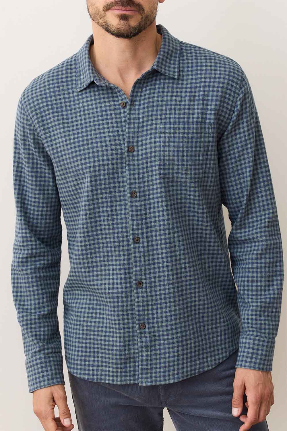 Marine Layer - STRETCH SELVAGE SHIRT - Green/Navy Gingham - Front