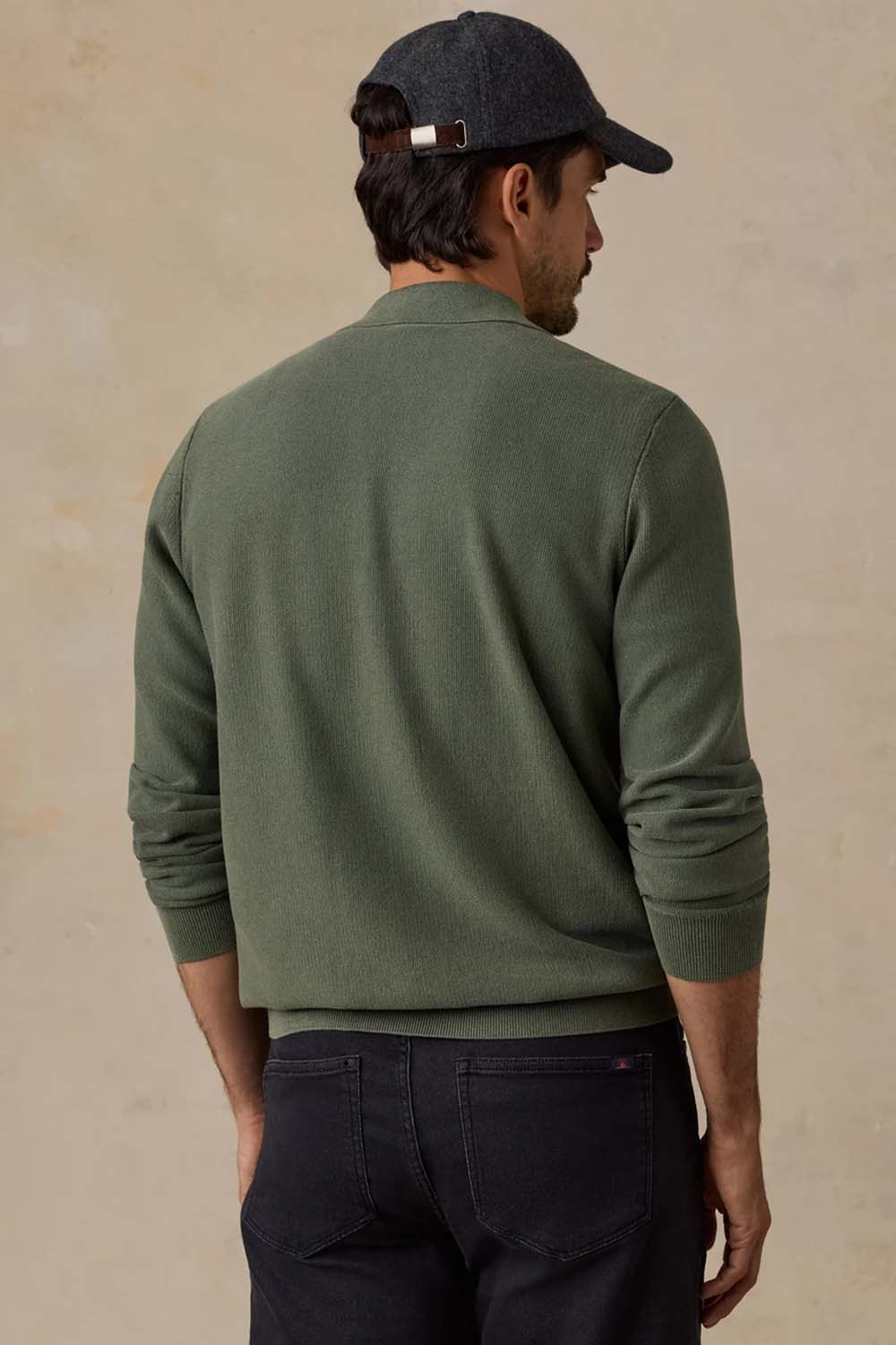 Faherty Sunwashed Sweater Polo in Mountain Green — Back view