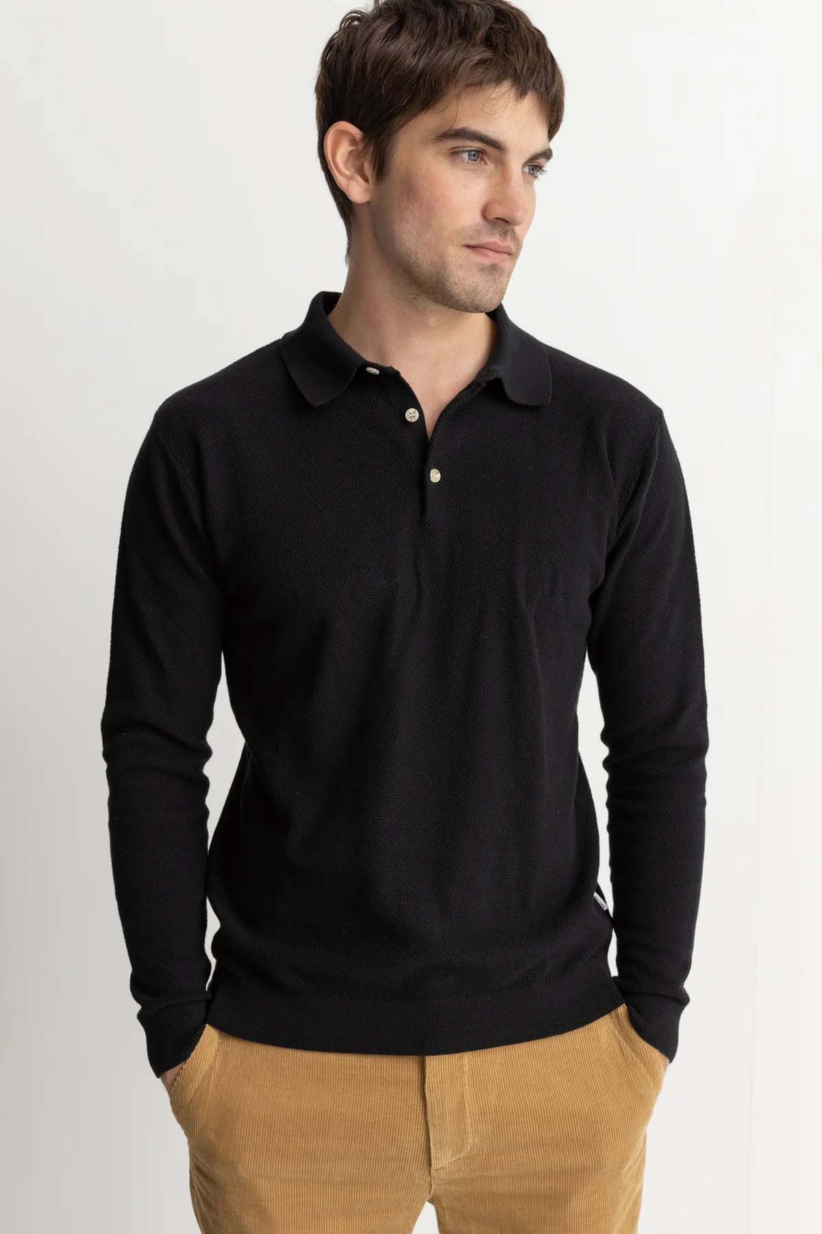 Rhythm - Textured Knit LS Polo - Black - Front