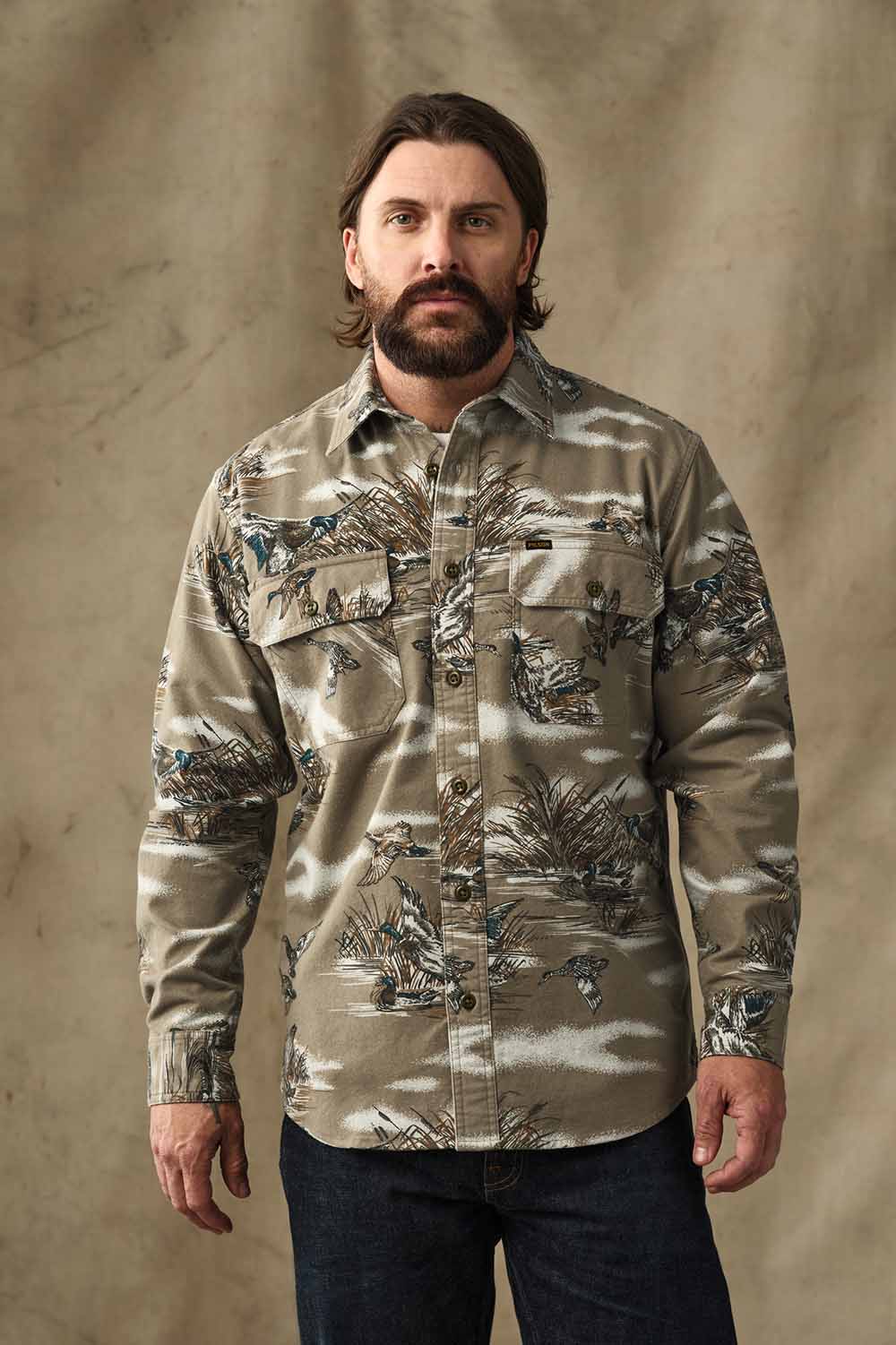 Filson Field Flannel Shirt in Marsh Olive Print — Front view