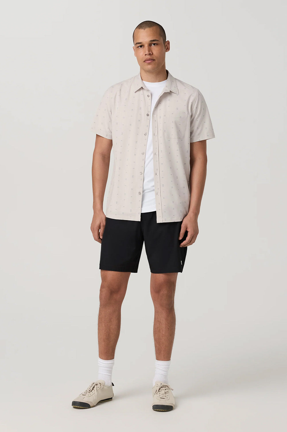 Vuori Bridge Button Down in Salt Stone — Full-body view
