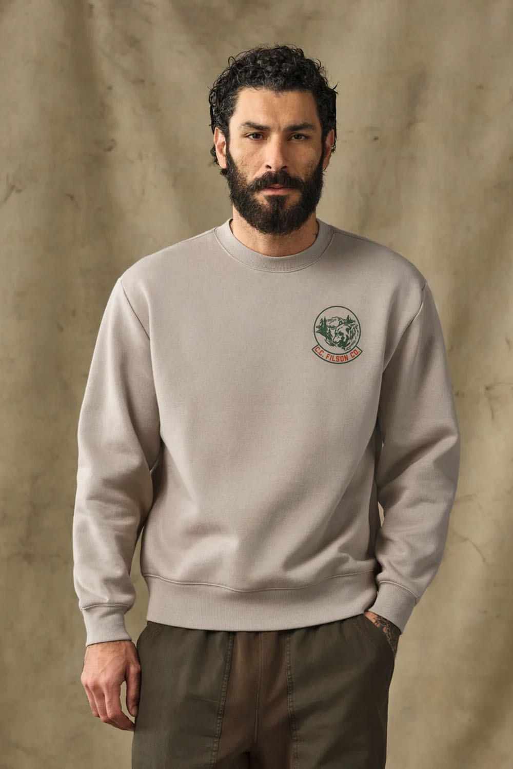 Filson Bear Graphic Crewneck in Vintage Khaki — Front view