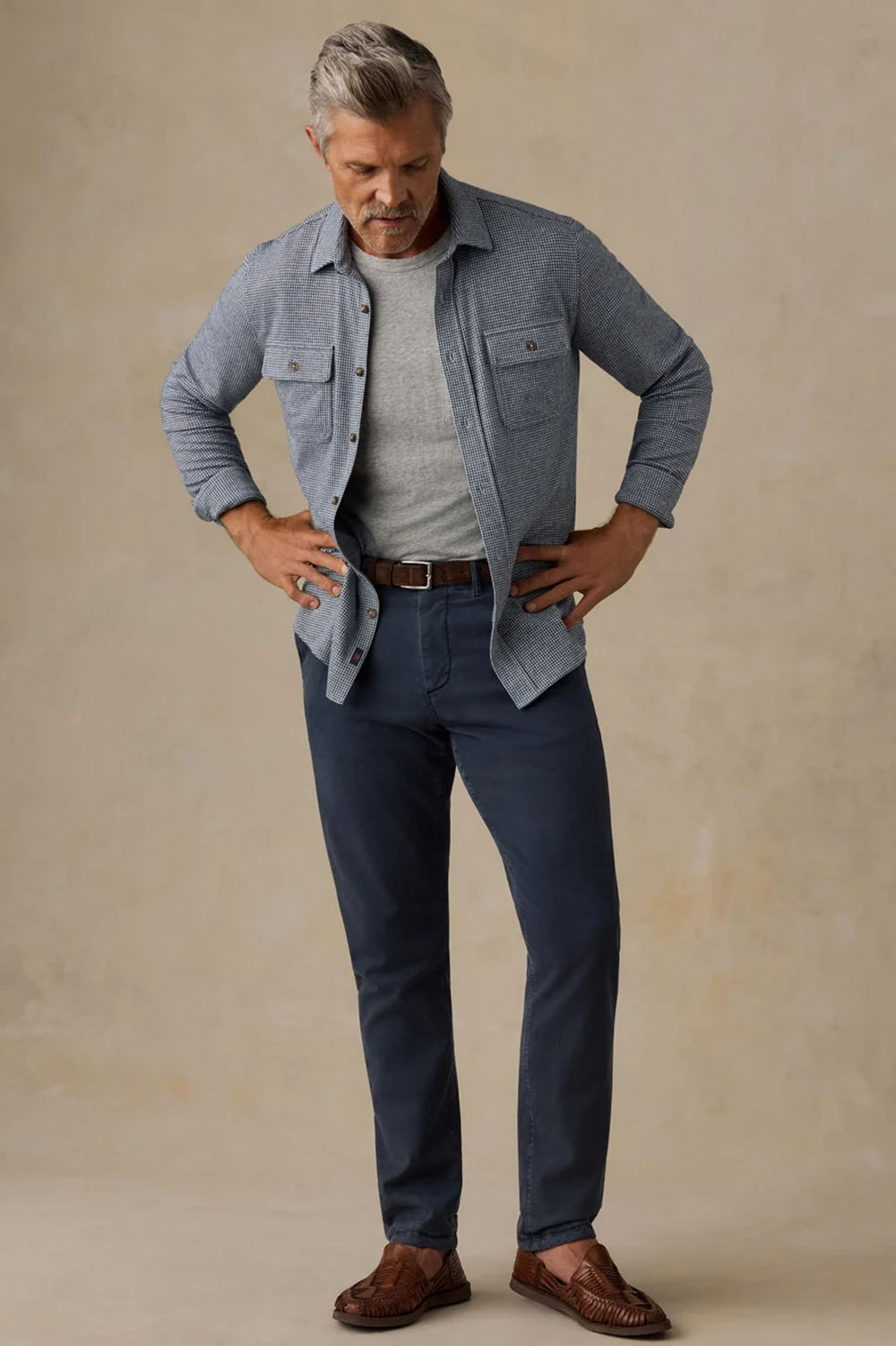 Faherty Legend Sweater Shirt in Navy Cream Pincheck — Lifestyle view
