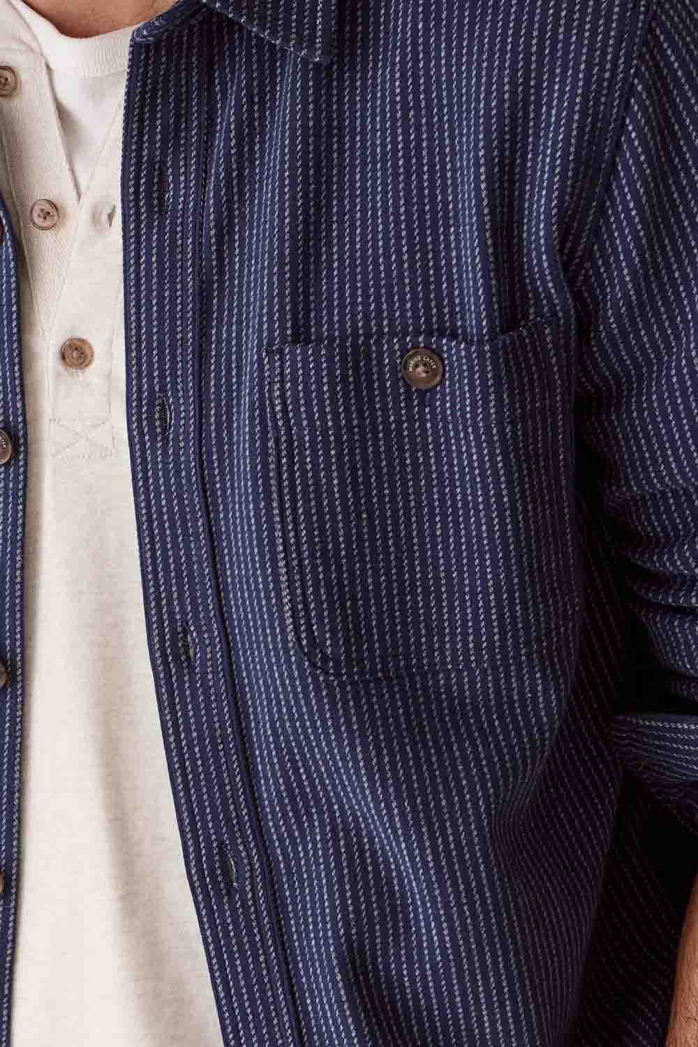 Marine Layer Pacifica Overshirt in Navy Railroad Stripe — Detail chest view