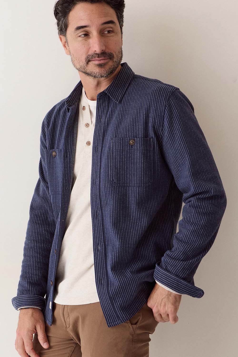 Marine Layer Pacifica Overshirt in Navy Railroad Stripe — Front view