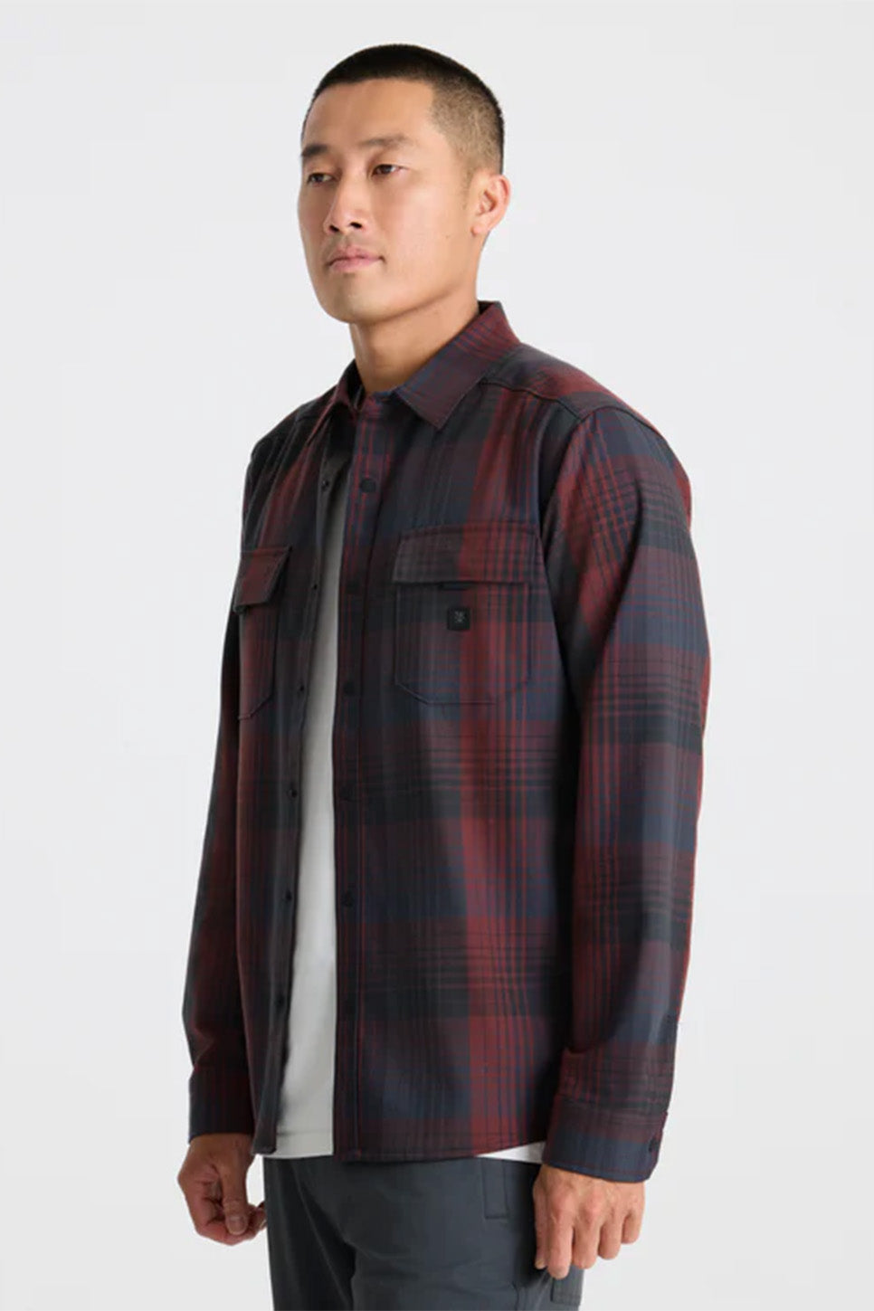 Roark Revival Diablo LS Flannel in Sangria — Quarter view