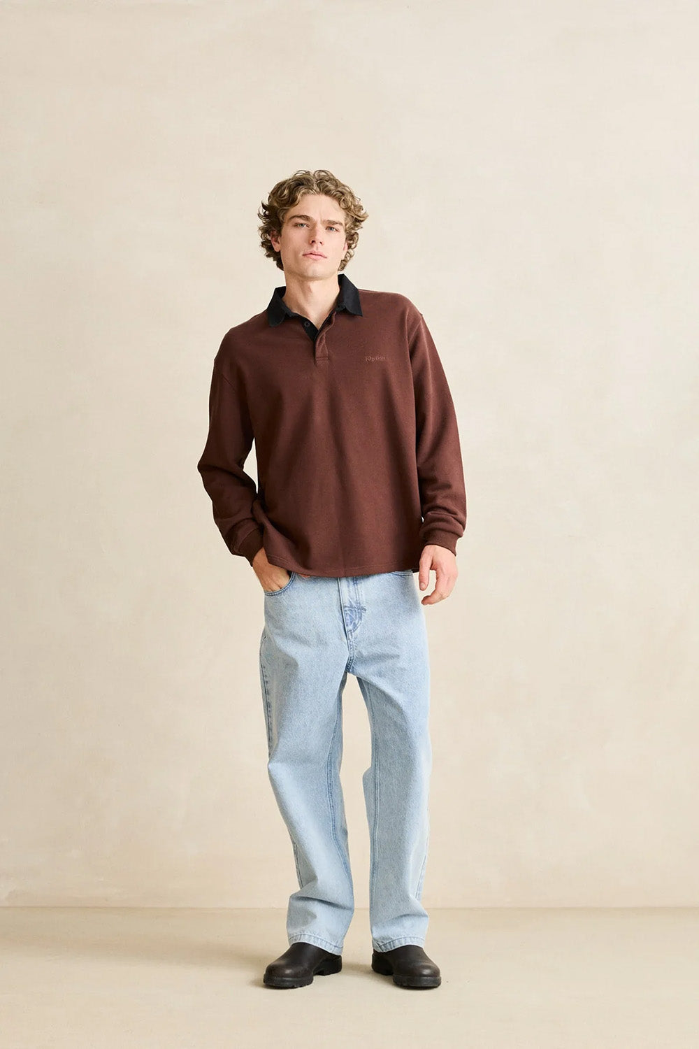 Rhythm Koa Rugby Polo in Chocolate — Full-Body view