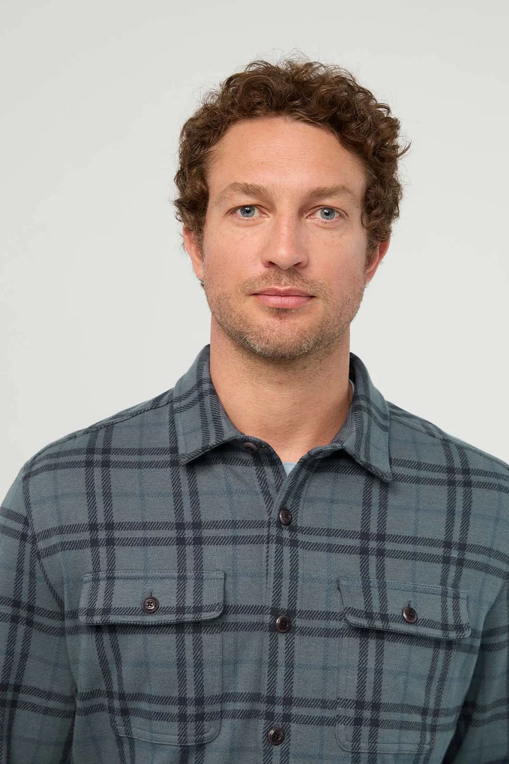 Duer Performance Flannel Overshirt in Marine Plaid — Front Detail view
