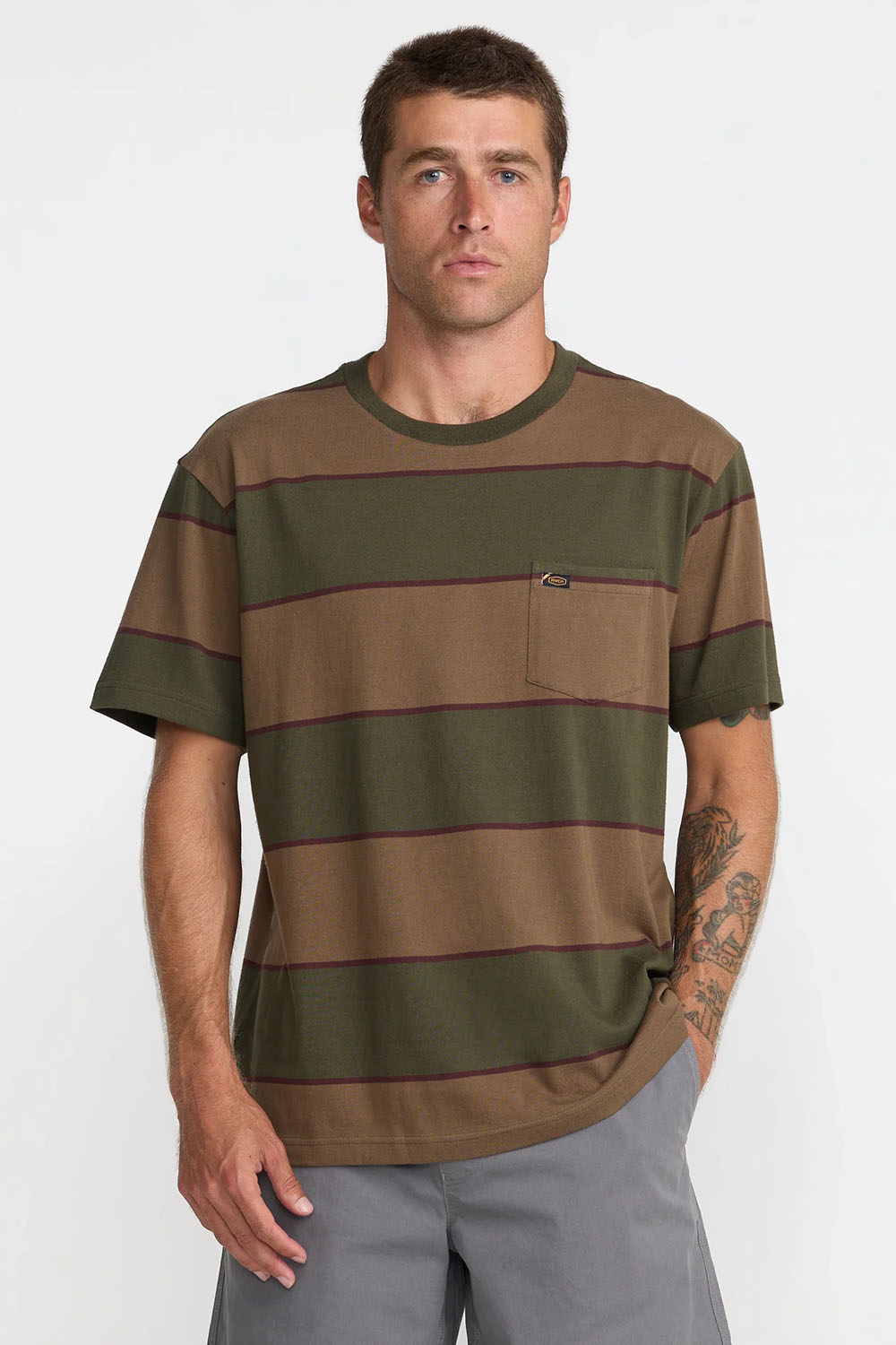 RVCA Dayshift Stripe Tee in Fatigue — Front view