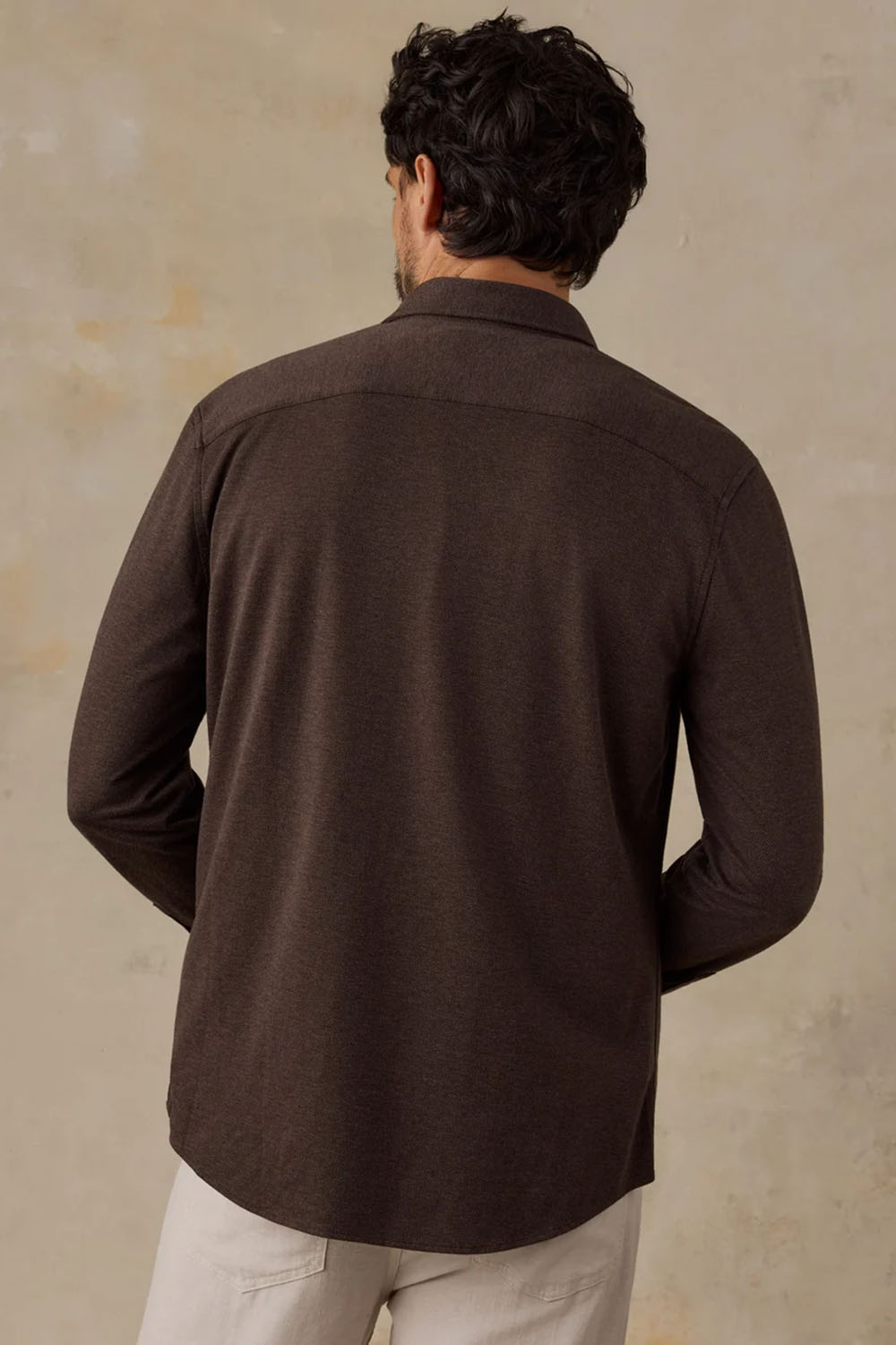 Faherty Coastline Knit Shirt in Brown Road Twill — Back view
