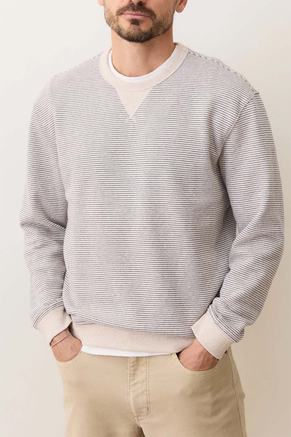 Marine Layer CLOUD 9 FLEECE CREWNECK Driftwood Baja Stripe Front