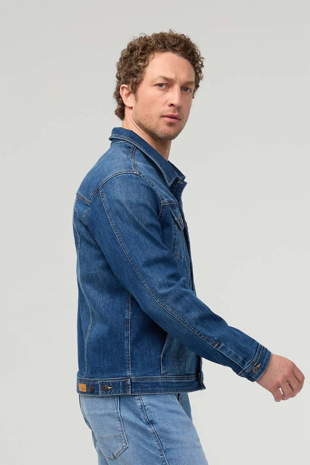 Duer Performance Denim Jacket in Alpine Indigo — Profile view