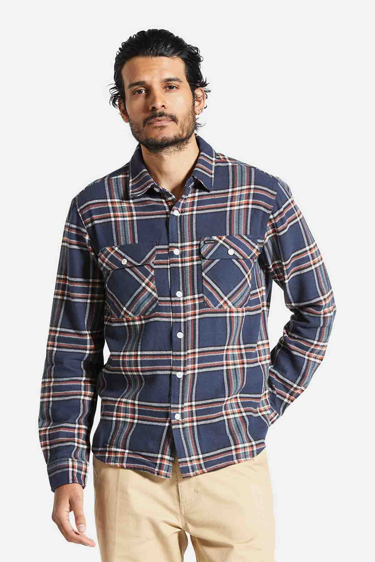 Brixton - Bowery LS Flannel - Washed Navy/Off White/Terracotta - Front