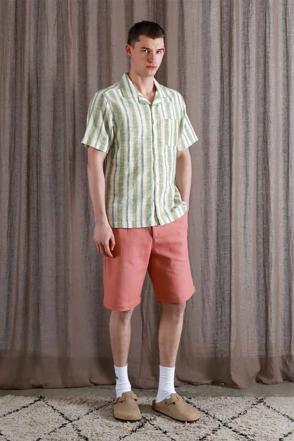 Far Afield - Selleck SS Shirt - Slub Stripe/Frosty Green - Model
