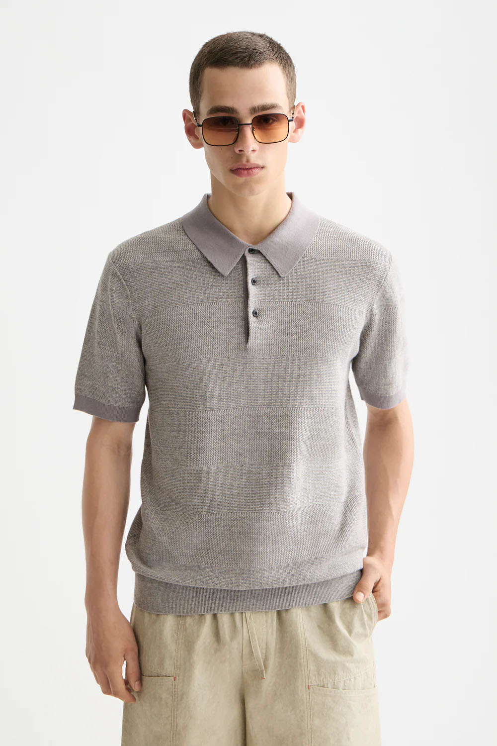 Scotch & Soda - KNITTED STRIPE POLO - Grey Melange - Front