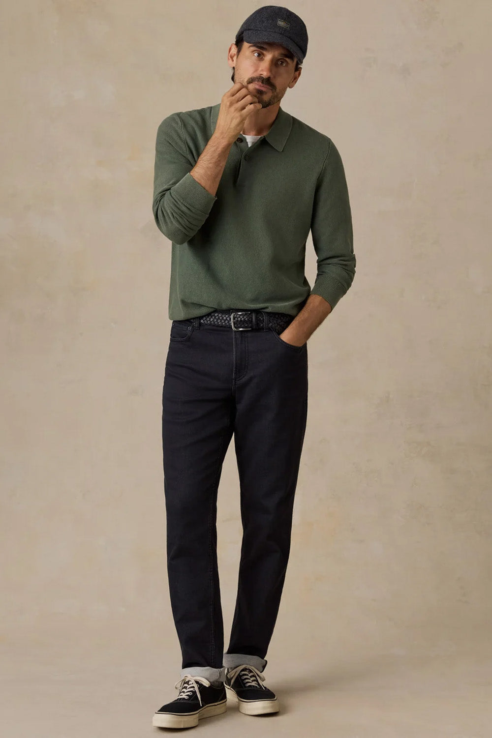 Faherty Sunwashed Sweater Polo in Mountain Green — Lifestyle view