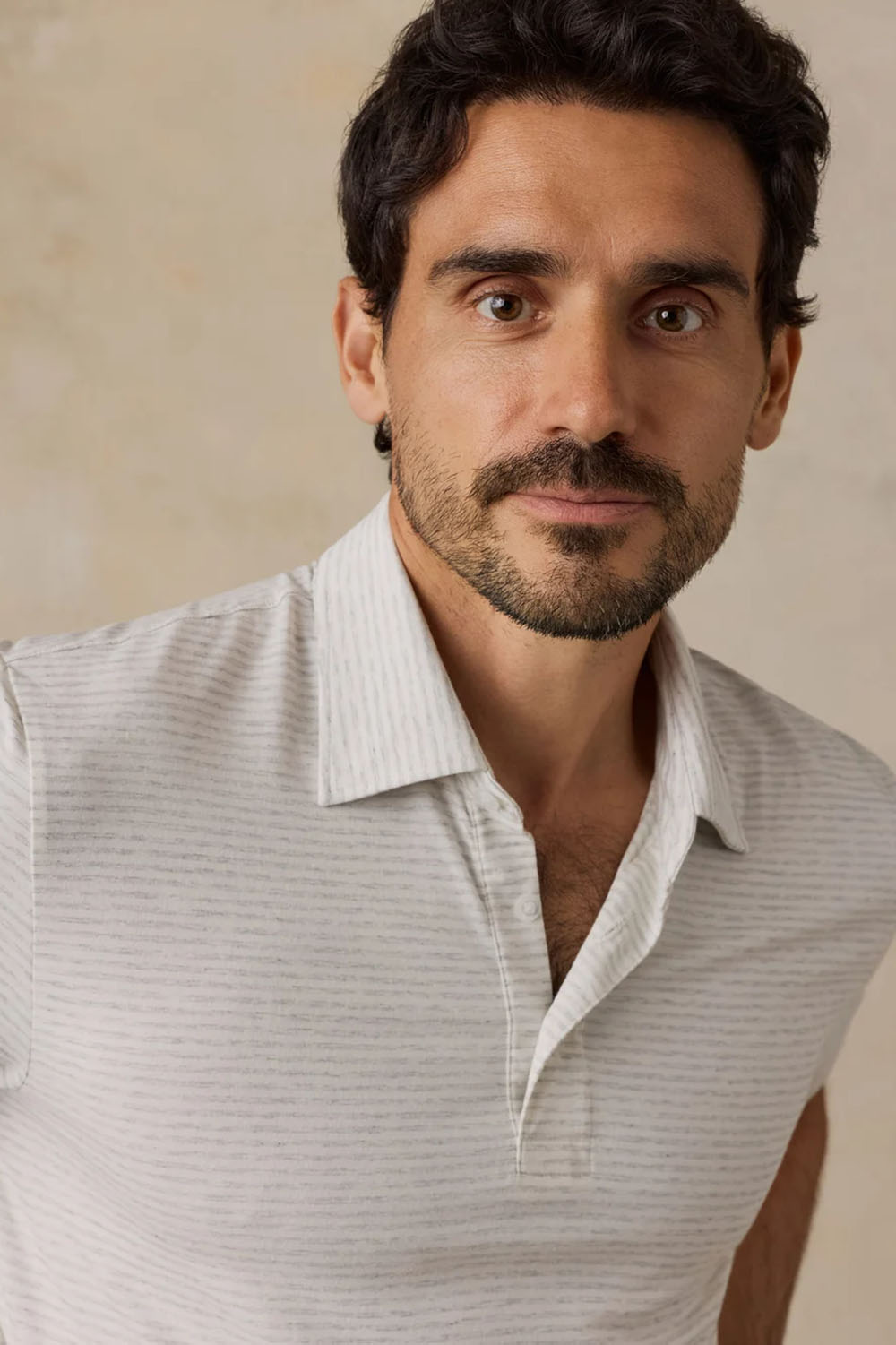 Faherty Movement Polo in Quarry White Stripe — Front Detail view