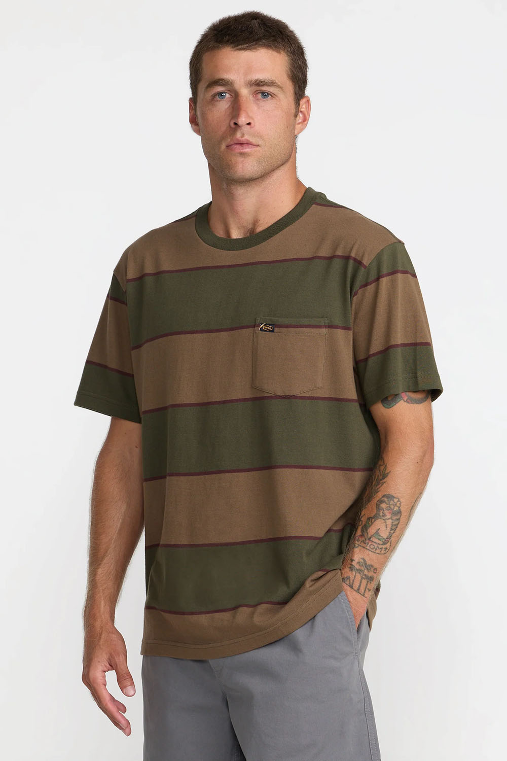 RVCA Dayshift Stripe Tee in Fatigue — Quarter view