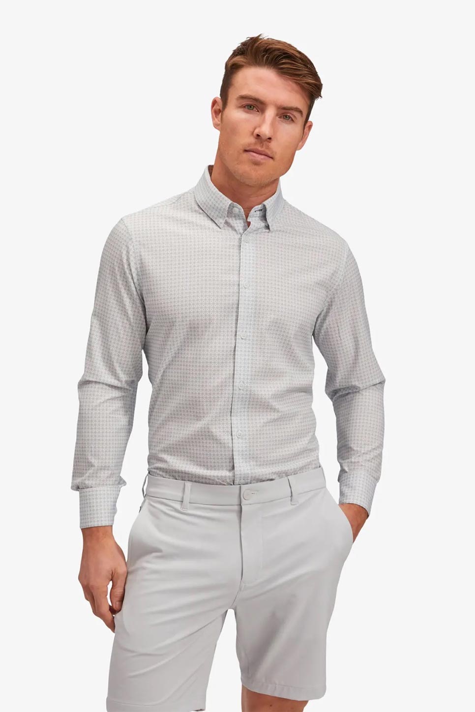 LEEWARD LS Gray Geo Basketweave Print