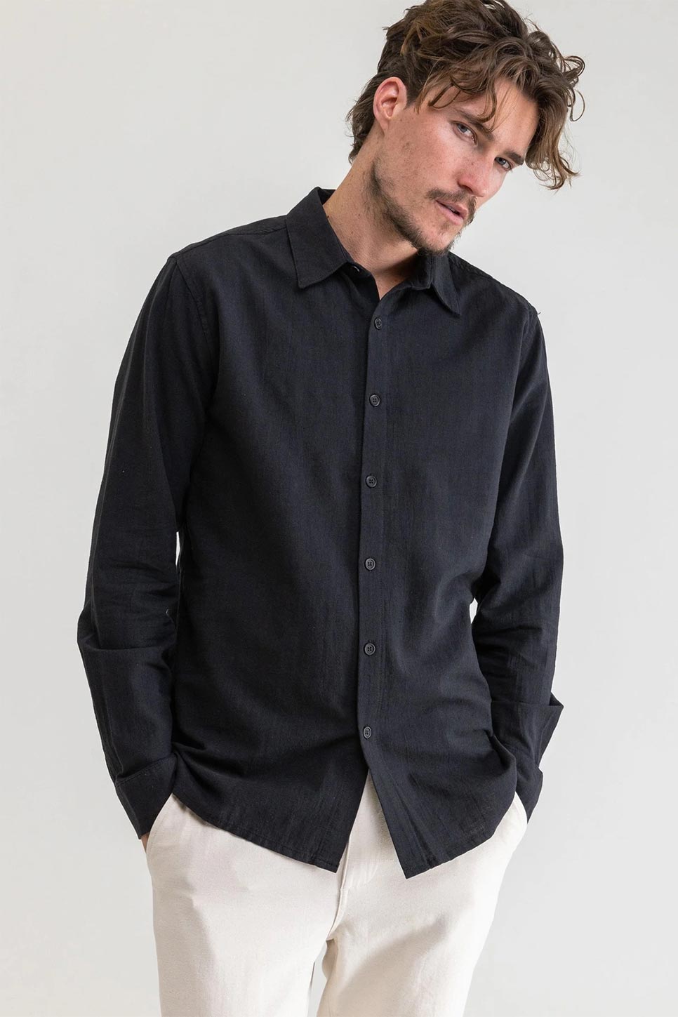 Rhythm - Classic Linen LS Shirt - Vintage Black - Front