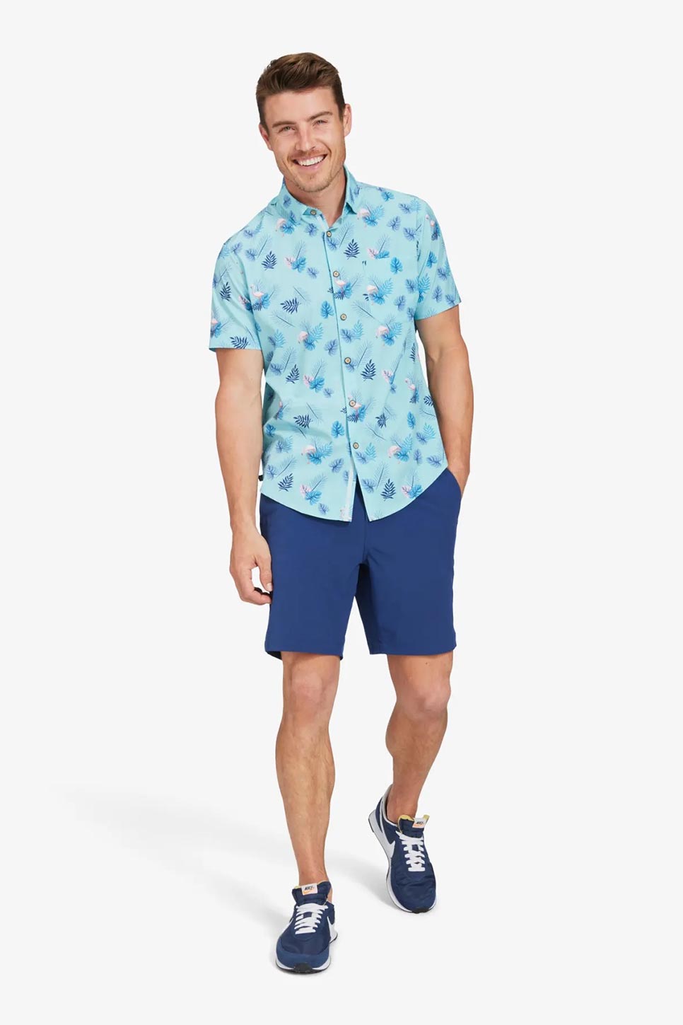 LEEWARD SS Aqua Pink Flamingo Print