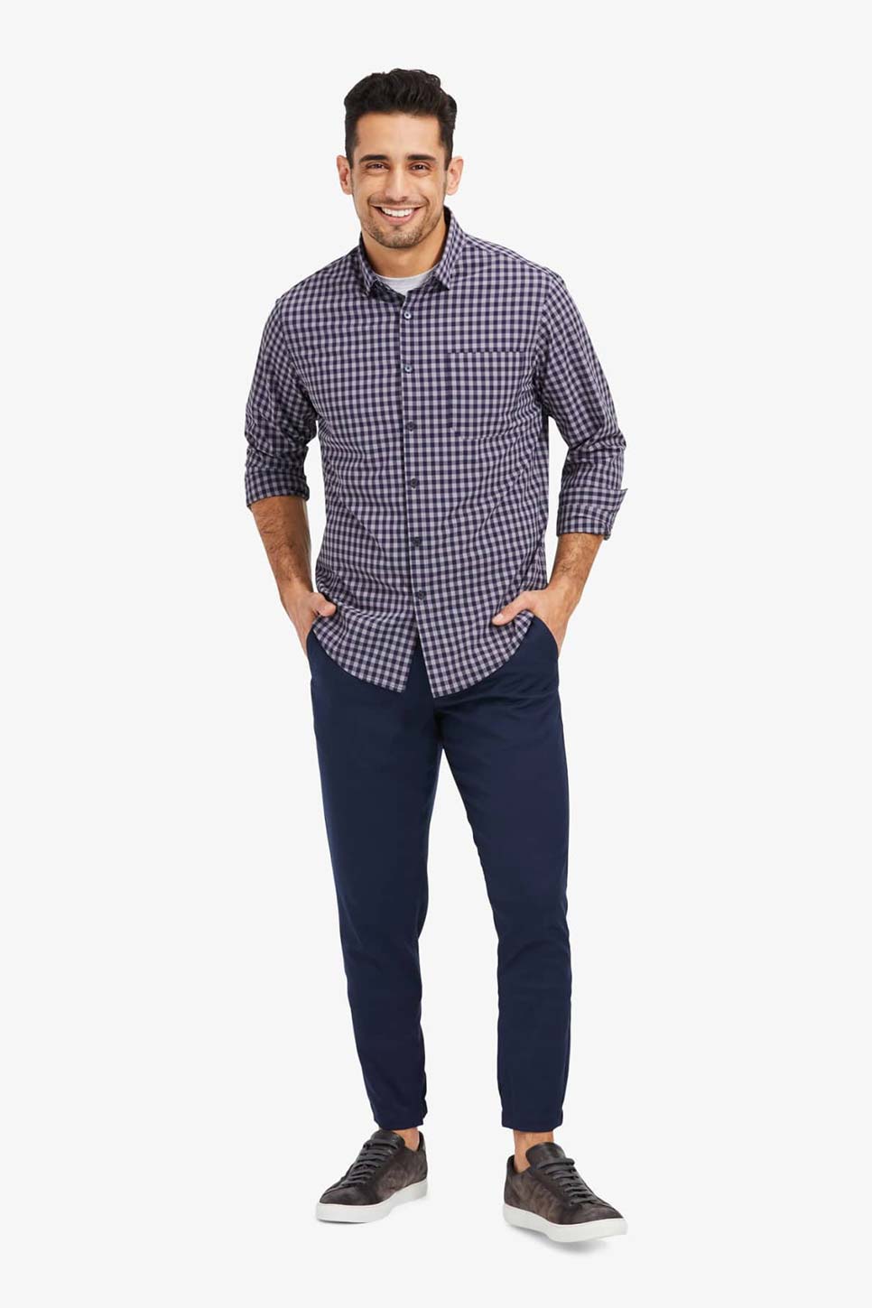 LEEWARD CASUAL LS Navy Gray Gingham Check