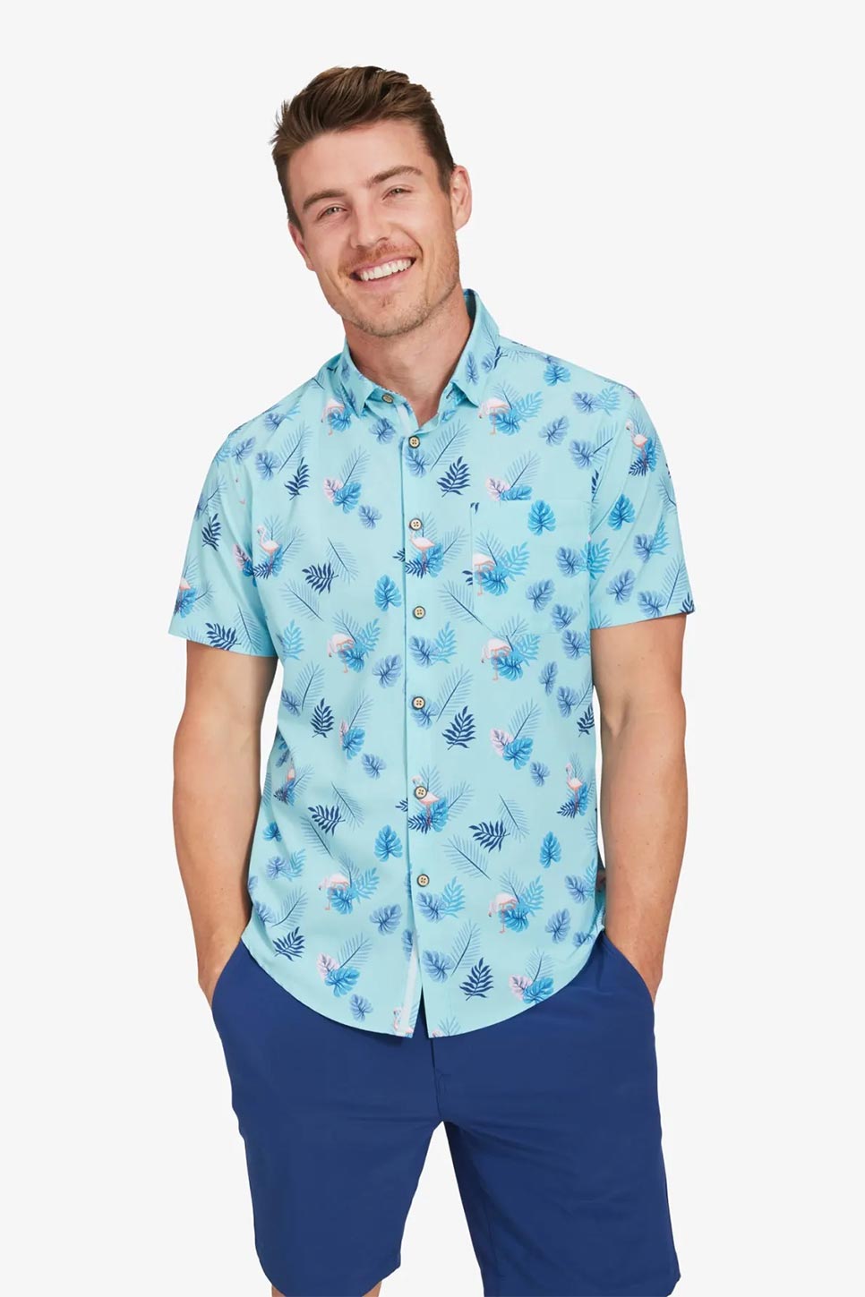 LEEWARD SS Aqua Pink Flamingo Print