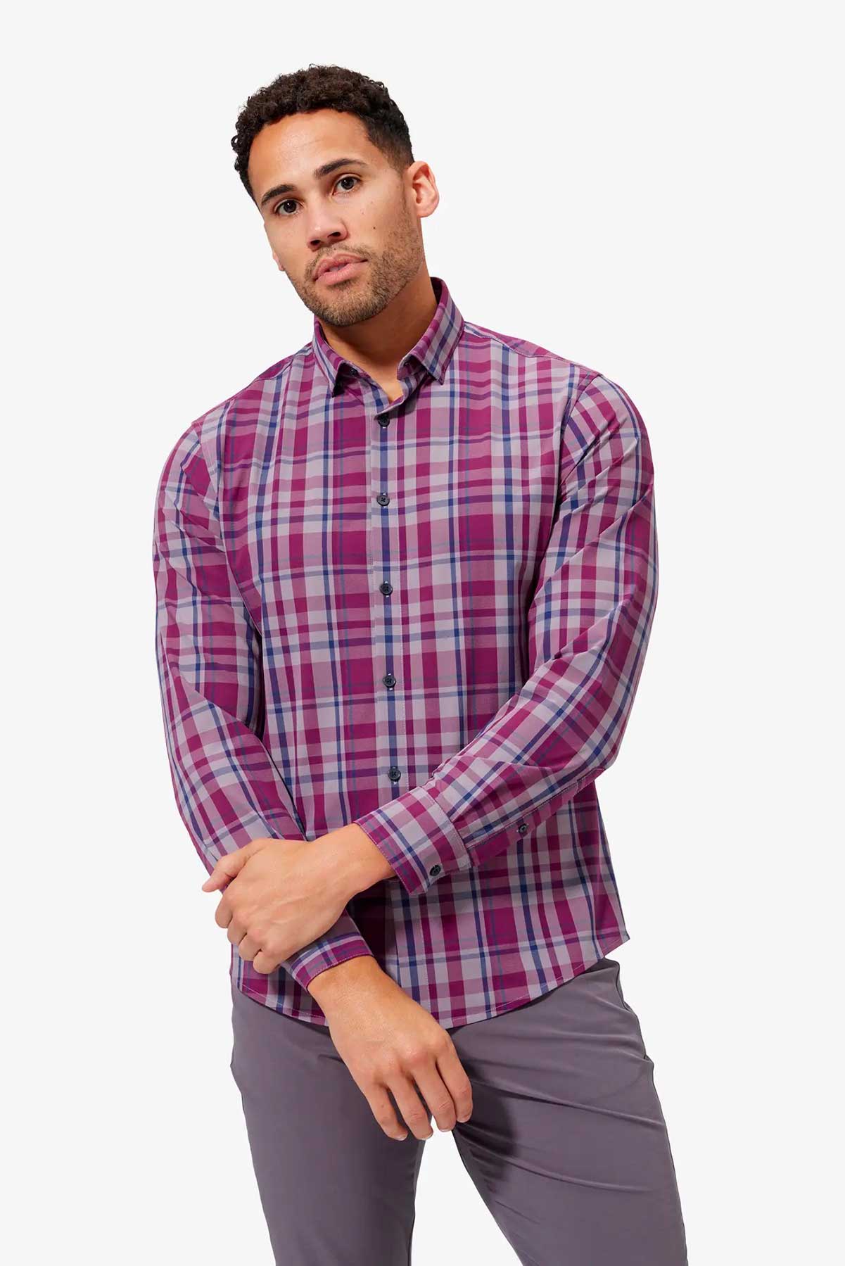 LEEWARD LS Plum Gray Plaid