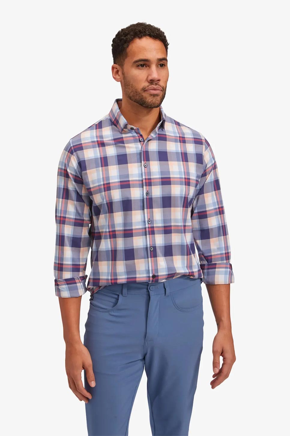 MONACO LS Navy Peach Multi Large Plaid
