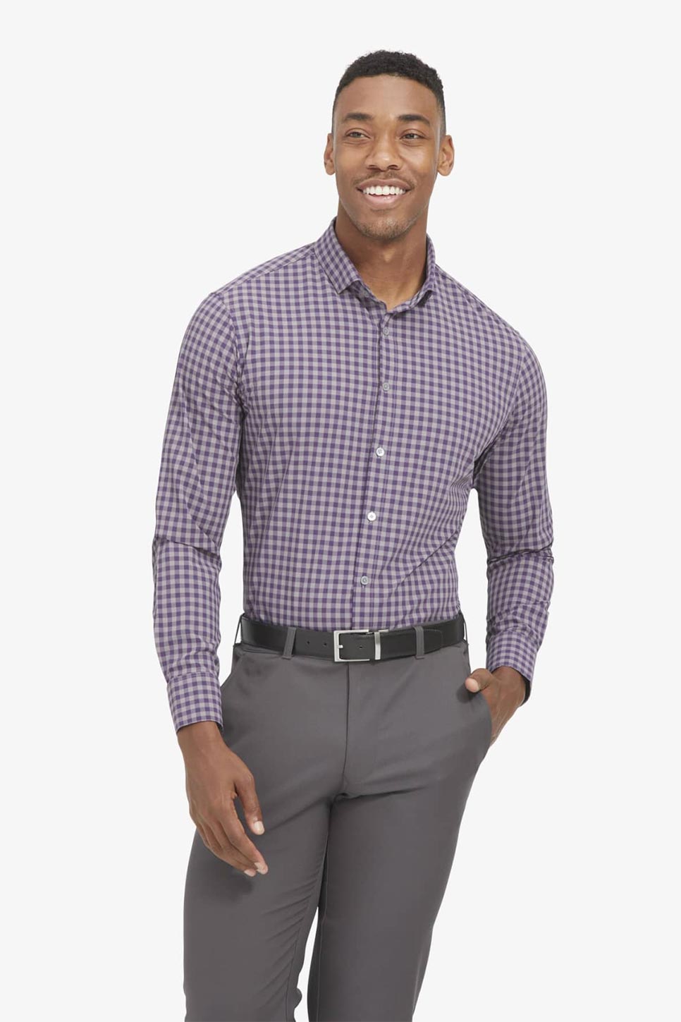 LEEWARD LS Purple Gray Gingham Check