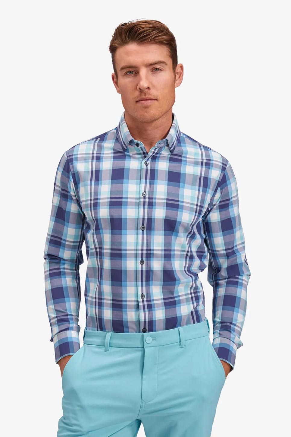 LEEWARD LS Navy Aqua Multi Large Plaid